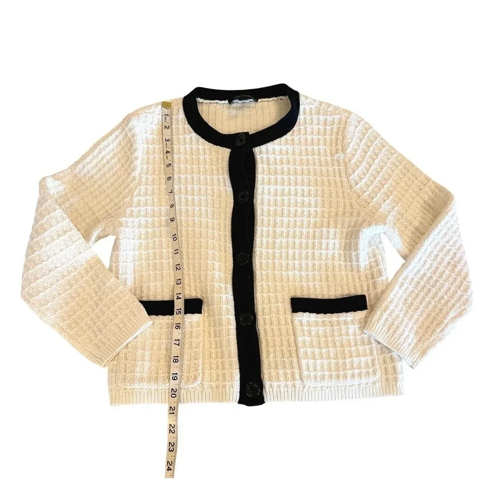Ann Taylor Women L Cream Black Waffle Knit Button Front Cardigan Sweater - Picture 6 of 9